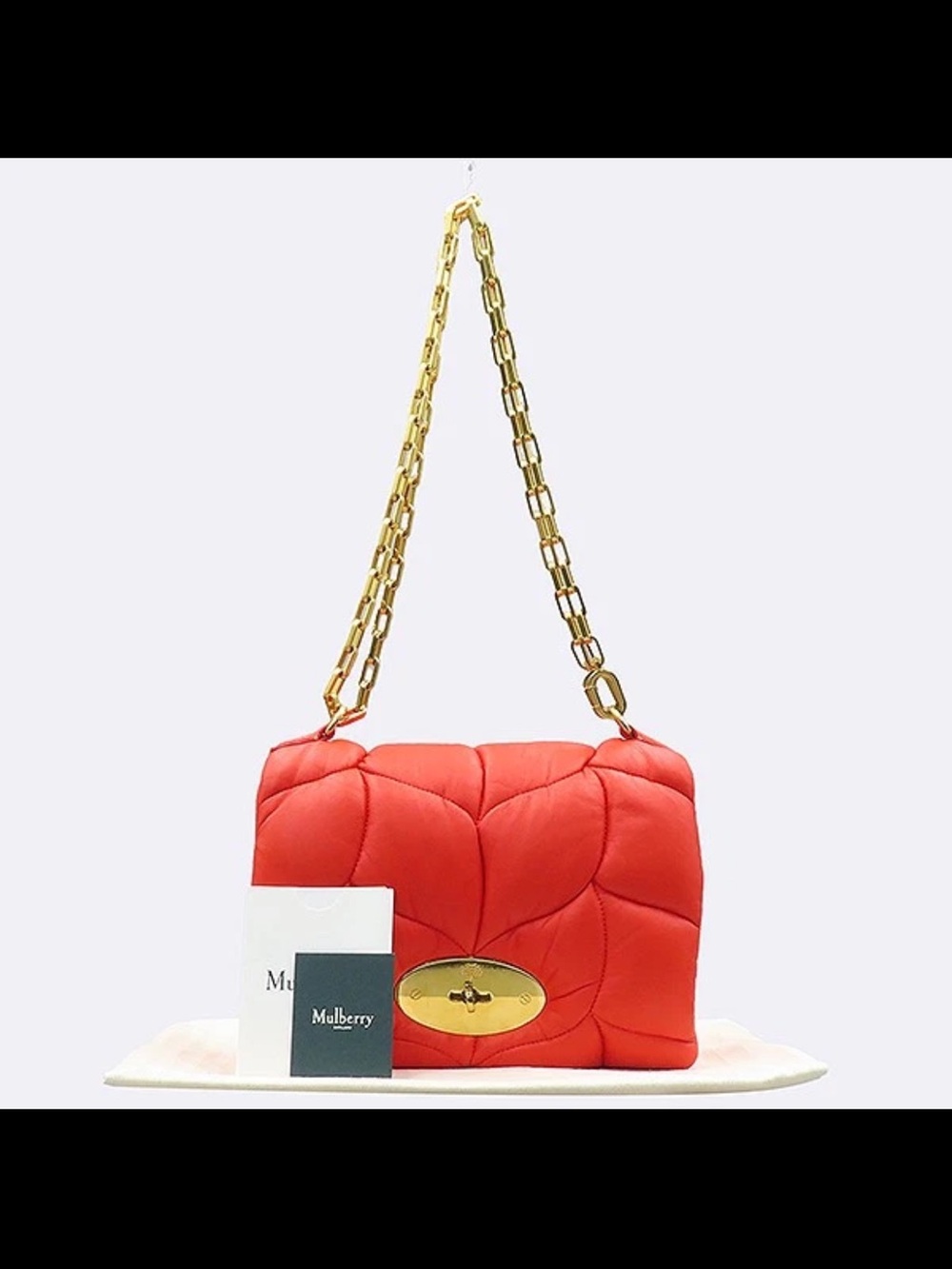 Mulberry Coral-Red Quilted Shoulder Bag with Gold Chain Strap